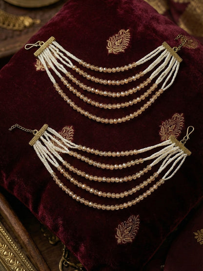 Traditional Gold-Plated Multi-Layered Peach Crystal Beaded Ear Chain for Women & Girls, Ethnic Kaan Chain Hair Accessories, Stylish Indian Jewellery for Festival, Wedding & Parties-02