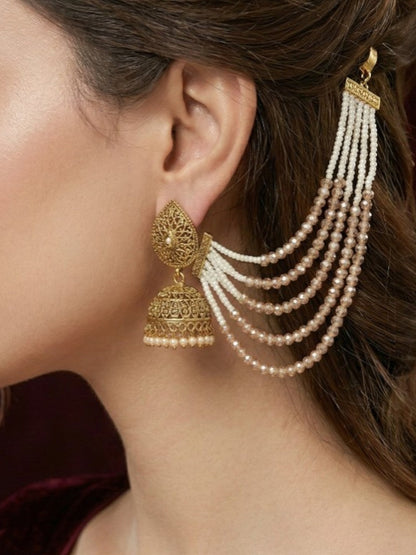 Traditional Gold-Plated Multi-Layered Peach Crystal Beaded Ear Chain for Women & Girls, Ethnic Kaan Chain Hair Accessories, Stylish Indian Jewellery for Festival, Wedding & Parties-02