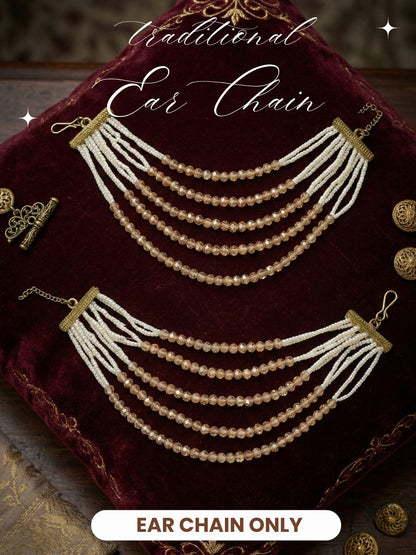 Traditional Gold-Plated Multi-Layered Peach Crystal Beaded Ear Chain for Women & Girls, Ethnic Kaan Chain Hair Accessories, Stylish Indian Jewellery for Festival, Wedding & Parties-02