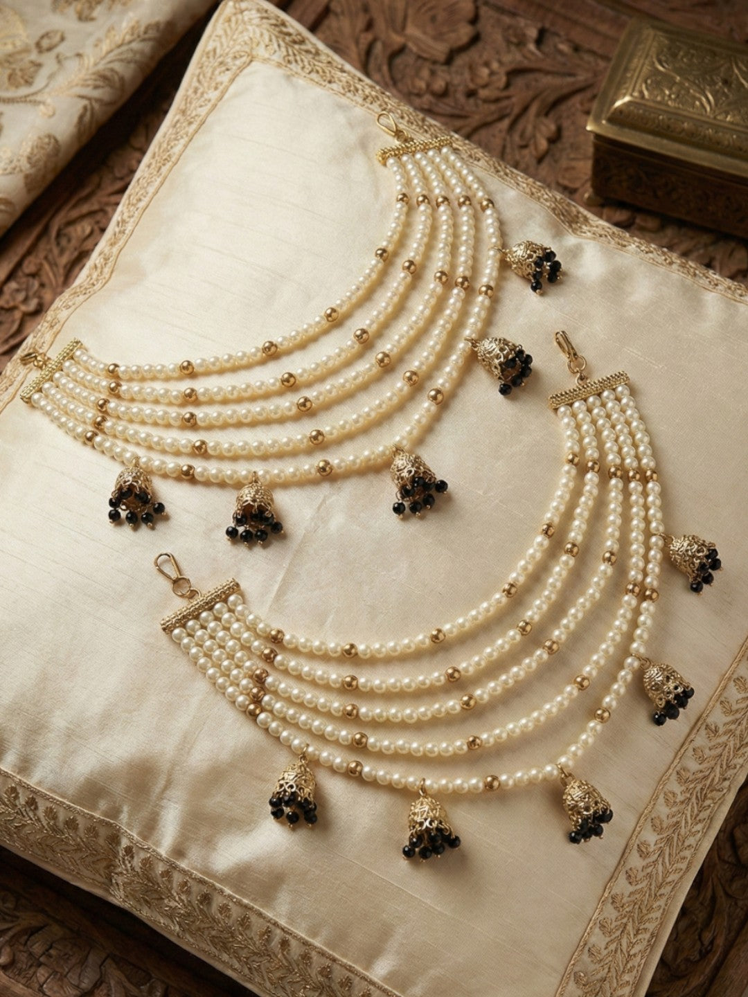Traditional Pearl Ear Chain with Beaded Jhumki Drops, Multi-Layer Kaan Chain, Bridal Jewellery, Premium Gold Plated Indian Ethnic Hair to Ear Accessory for Wedding, Festive & Party-10