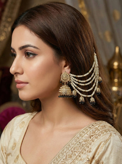 Traditional Pearl Ear Chain with Beaded Jhumki Drops, Multi-Layer Kaan Chain, Bridal Jewellery, Premium Gold Plated Indian Ethnic Hair to Ear Accessory for Wedding, Festive & Party-10
