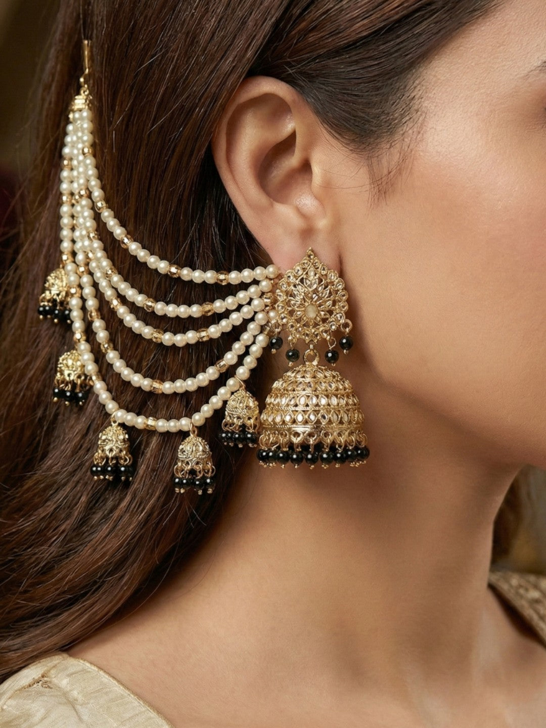 Traditional Pearl Ear Chain with Beaded Jhumki Drops, Multi-Layer Kaan Chain, Bridal Jewellery, Premium Gold Plated Indian Ethnic Hair to Ear Accessory for Wedding, Festive & Party-10