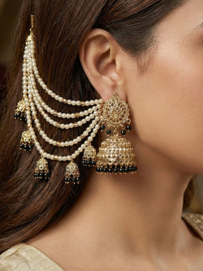 Traditional Pearl Ear Chain with Beaded Jhumki Drops, Multi-Layer Kaan Chain, Bridal Jewellery, Premium Gold Plated Indian Ethnic Hair to Ear Accessory for Wedding, Festive & Party-10