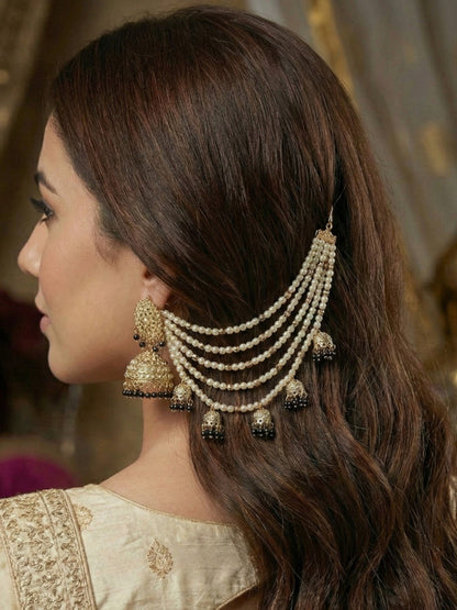 Traditional Pearl Ear Chain with Beaded Jhumki Drops, Multi-Layer Kaan Chain, Bridal Jewellery, Premium Gold Plated Indian Ethnic Hair to Ear Accessory for Wedding, Festive & Party-10