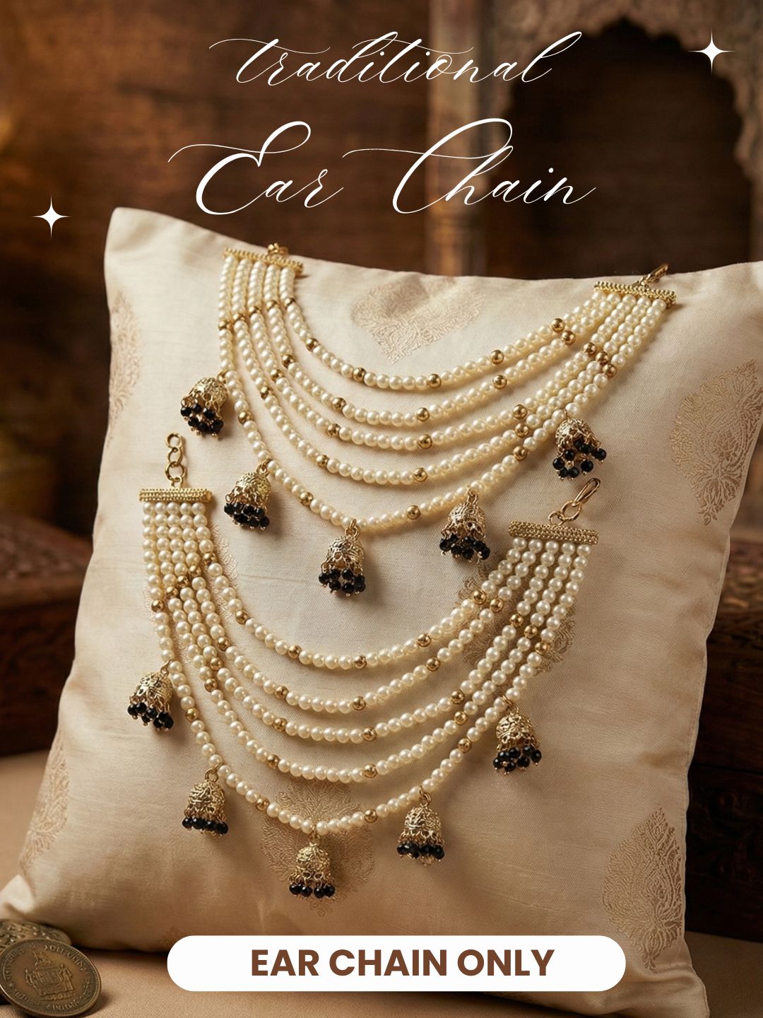 Traditional Pearl Ear Chain with Beaded Jhumki Drops, Multi-Layer Kaan Chain, Bridal Jewellery, Premium Gold Plated Indian Ethnic Hair to Ear Accessory for Wedding, Festive & Party-10