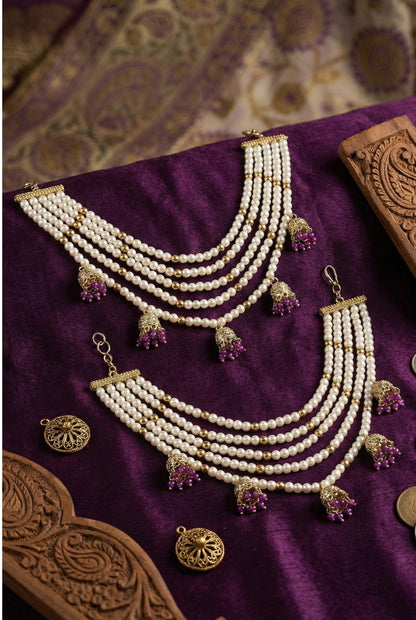 Traditional Pearl Ear Chain with Beaded Jhumki Drops, Multi-Layer Kaan Chain, Bridal Jewellery, Premium Gold Plated Indian Ethnic Hair to Ear Accessory for Wedding, Festive & Party-07