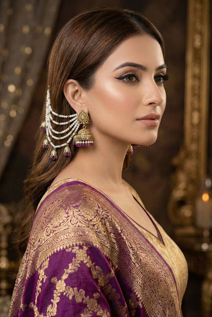 Traditional Pearl Ear Chain with Beaded Jhumki Drops, Multi-Layer Kaan Chain, Bridal Jewellery, Premium Gold Plated Indian Ethnic Hair to Ear Accessory for Wedding, Festive & Party-07
