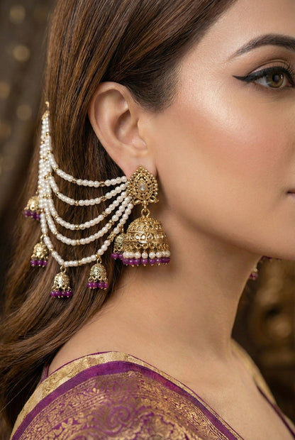 Traditional Pearl Ear Chain with Beaded Jhumki Drops, Multi-Layer Kaan Chain, Bridal Jewellery, Premium Gold Plated Indian Ethnic Hair to Ear Accessory for Wedding, Festive & Party-07