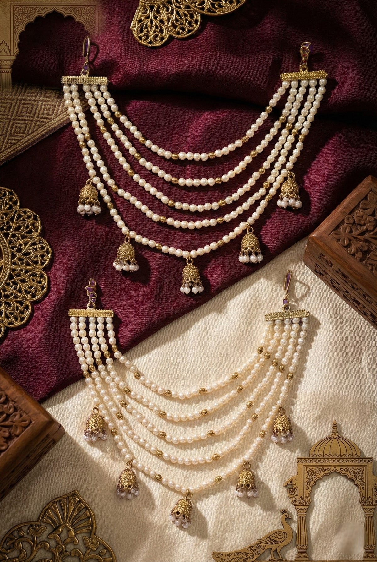 Traditional Pearl Ear Chain with Beaded Jhumki Drops, Multi-Layer Kaan Chain, Bridal Jewellery, Premium Gold Plated Indian Ethnic Hair to Ear Accessory for Wedding, Festive & Party-08