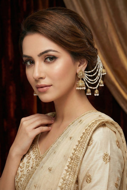 Traditional Pearl Ear Chain with Beaded Jhumki Drops, Multi-Layer Kaan Chain, Bridal Jewellery, Premium Gold Plated Indian Ethnic Hair to Ear Accessory for Wedding, Festive & Party-08