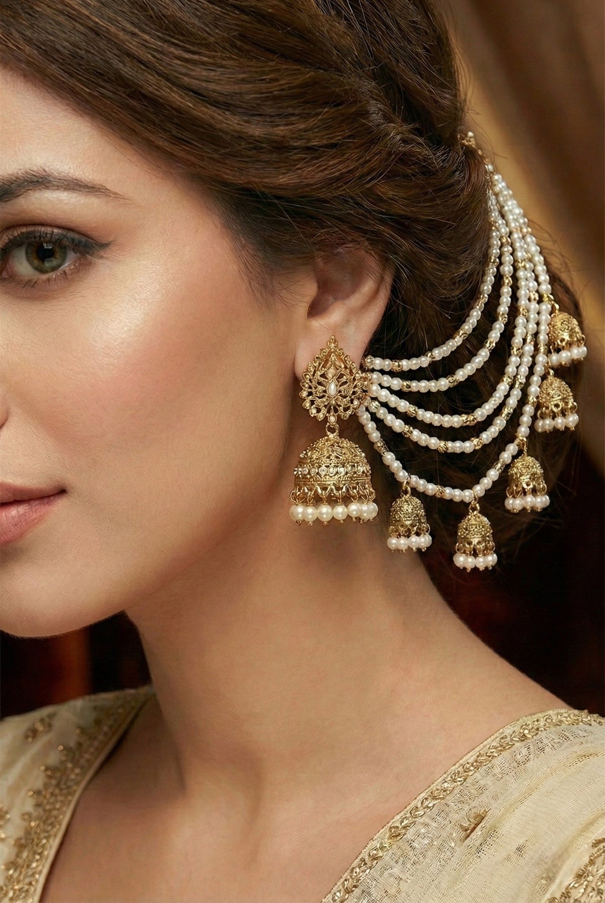 Traditional Pearl Ear Chain with Beaded Jhumki Drops, Multi-Layer Kaan Chain, Bridal Jewellery, Premium Gold Plated Indian Ethnic Hair to Ear Accessory for Wedding, Festive & Party-08