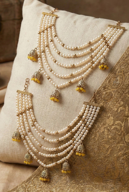 Traditional Pearl Ear Chain with Beaded Jhumki Drops, Multi-Layer Kaan Chain, Bridal Jewellery, Premium Gold Plated Indian Ethnic Hair to Ear Accessory for Wedding, Festive & Party-09