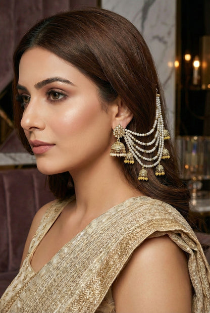 Traditional Pearl Ear Chain with Beaded Jhumki Drops, Multi-Layer Kaan Chain, Bridal Jewellery, Premium Gold Plated Indian Ethnic Hair to Ear Accessory for Wedding, Festive & Party-09