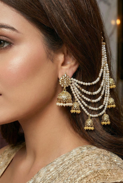 Traditional Pearl Ear Chain with Beaded Jhumki Drops, Multi-Layer Kaan Chain, Bridal Jewellery, Premium Gold Plated Indian Ethnic Hair to Ear Accessory for Wedding, Festive & Party-09
