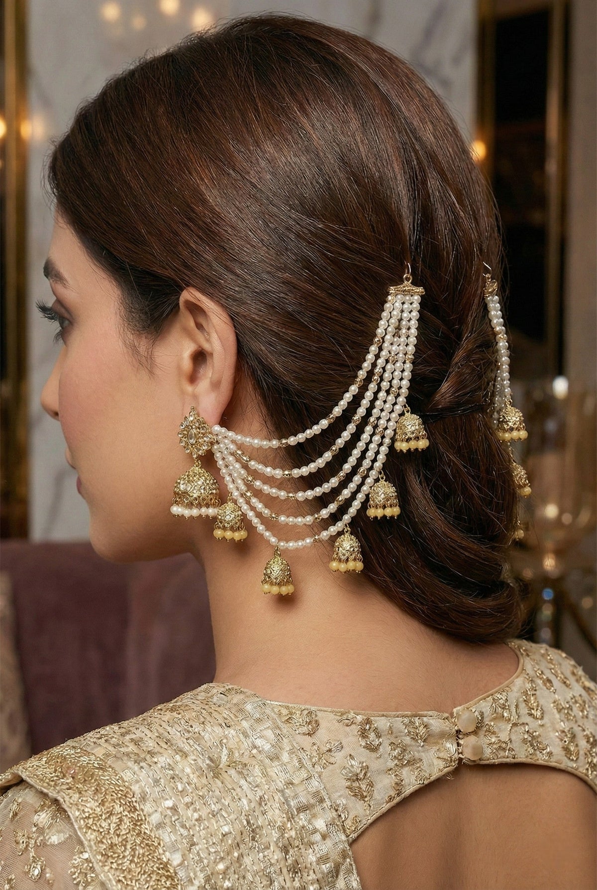 Traditional Pearl Ear Chain with Beaded Jhumki Drops, Multi-Layer Kaan Chain, Bridal Jewellery, Premium Gold Plated Indian Ethnic Hair to Ear Accessory for Wedding, Festive & Party-09