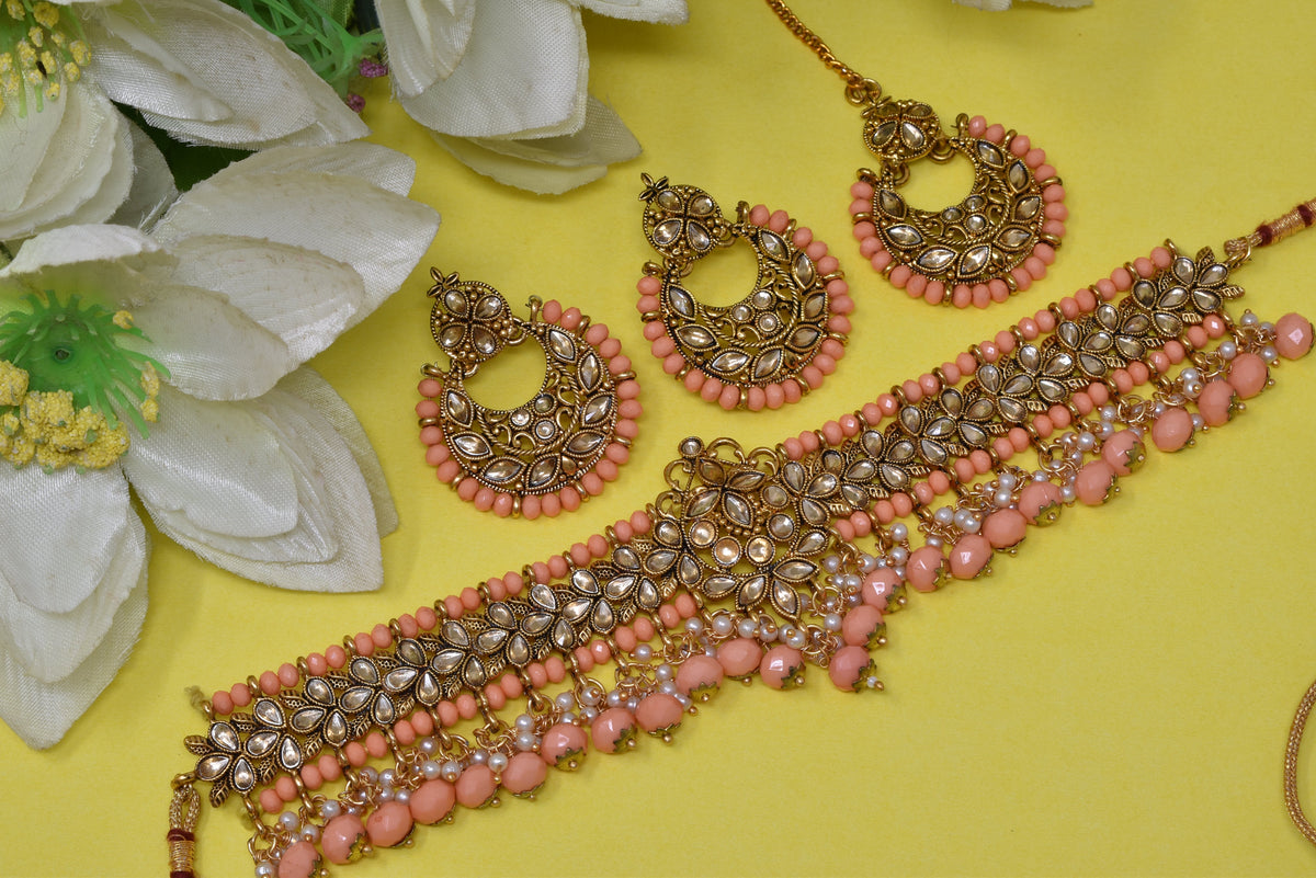 Antique design Minakari work Gold plated choker set neckpiece