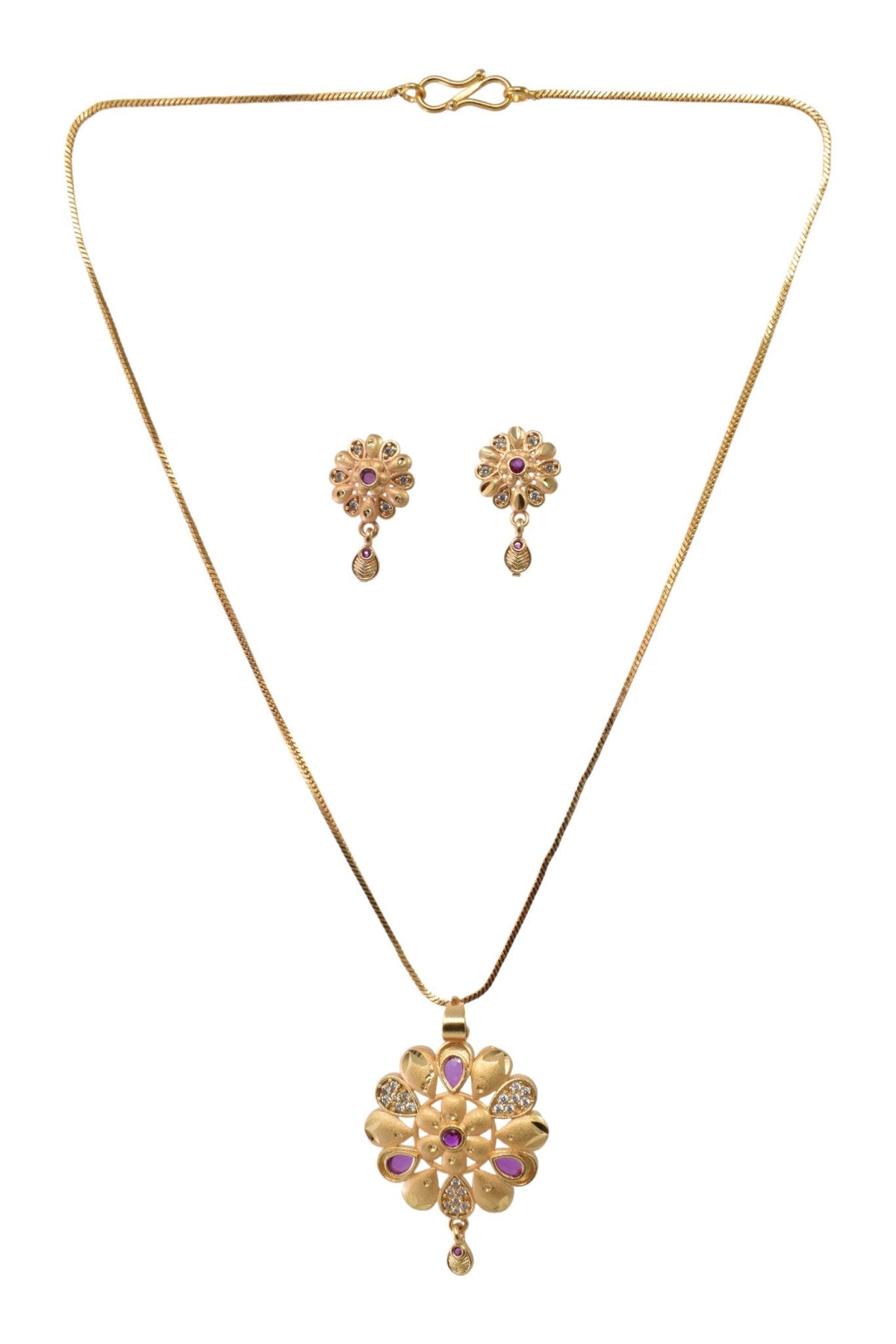 Gold Plated Stone Studded Pendant Necklace with Pink Center Accent for Women, Lightweight Party Jewellery for Festive, Wedding, Evening and Daily Styling with Premium Finish Chain-01