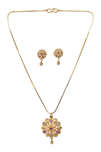 Gold Plated Stone Studded Pendant Necklace with Pink Center Accent for Women, Lightweight Party Jewellery for Festive, Wedding, Evening and Daily Styling with Premium Finish Chain-01