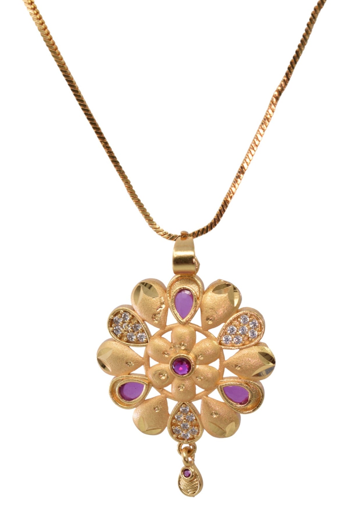Gold Plated Stone Studded Pendant Necklace with Pink Center Accent for Women, Lightweight Party Jewellery for Festive, Wedding, Evening and Daily Styling with Premium Finish Chain-01