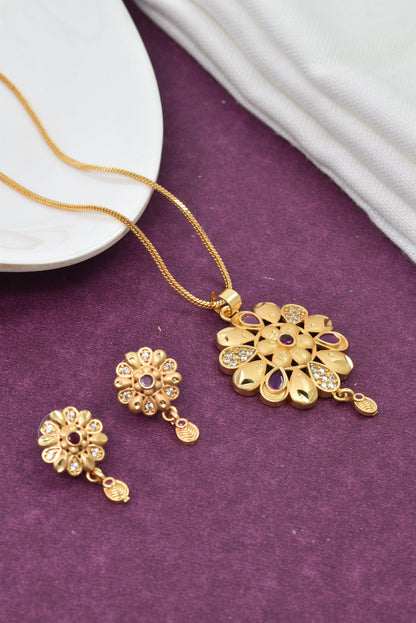 Gold Plated Stone Studded Pendant Necklace with Pink Center Accent for Women, Lightweight Party Jewellery for Festive, Wedding, Evening and Daily Styling with Premium Finish Chain-01