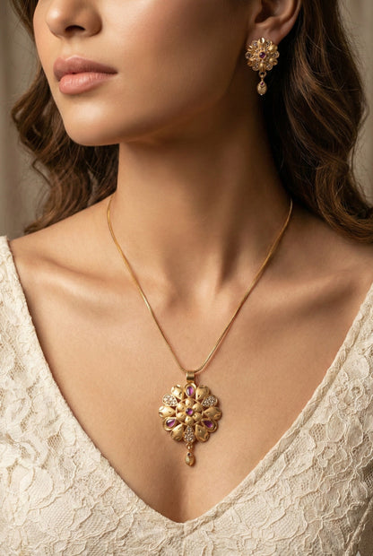 Gold Plated Stone Studded Pendant Necklace with Pink Center Accent for Women, Lightweight Party Jewellery for Festive, Wedding, Evening and Daily Styling with Premium Finish Chain-01