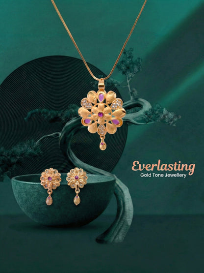 Gold Plated Stone Studded Pendant Necklace with Pink Center Accent for Women, Lightweight Party Jewellery for Festive, Wedding, Evening and Daily Styling with Premium Finish Chain-01