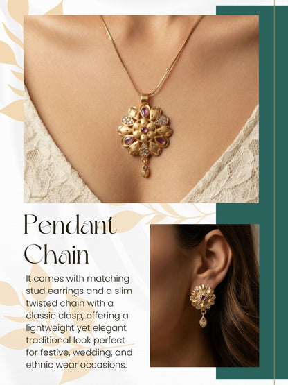 Gold Plated Stone Studded Pendant Necklace with Pink Center Accent for Women, Lightweight Party Jewellery for Festive, Wedding, Evening and Daily Styling with Premium Finish Chain-01