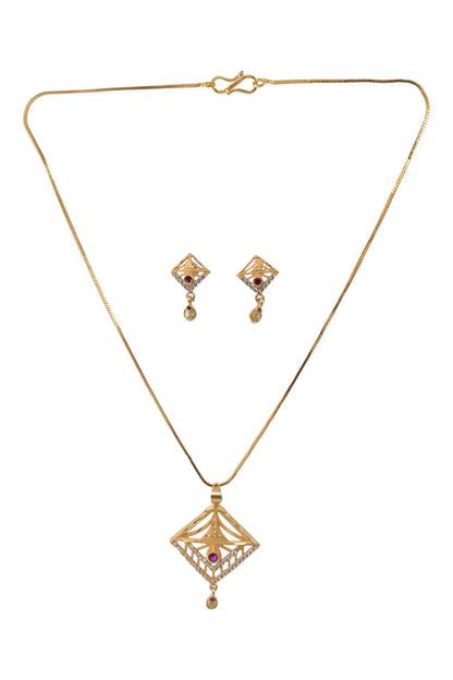 Gold Plated Stone Studded Pendant Necklace with Pink Center Accent for Women, Lightweight Party Jewellery for Festive, Wedding, Evening and Daily Styling with Premium Finish Chain-02