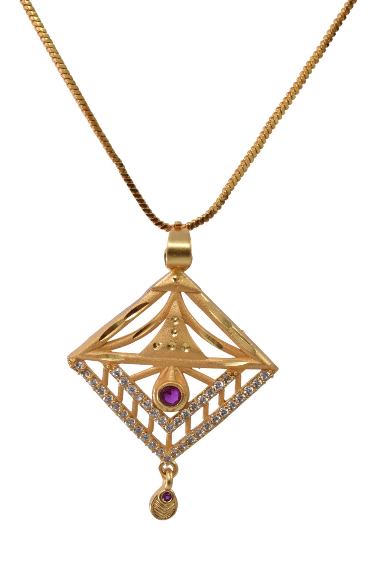 Gold Plated Stone Studded Pendant Necklace with Pink Center Accent for Women, Lightweight Party Jewellery for Festive, Wedding, Evening and Daily Styling with Premium Finish Chain-02