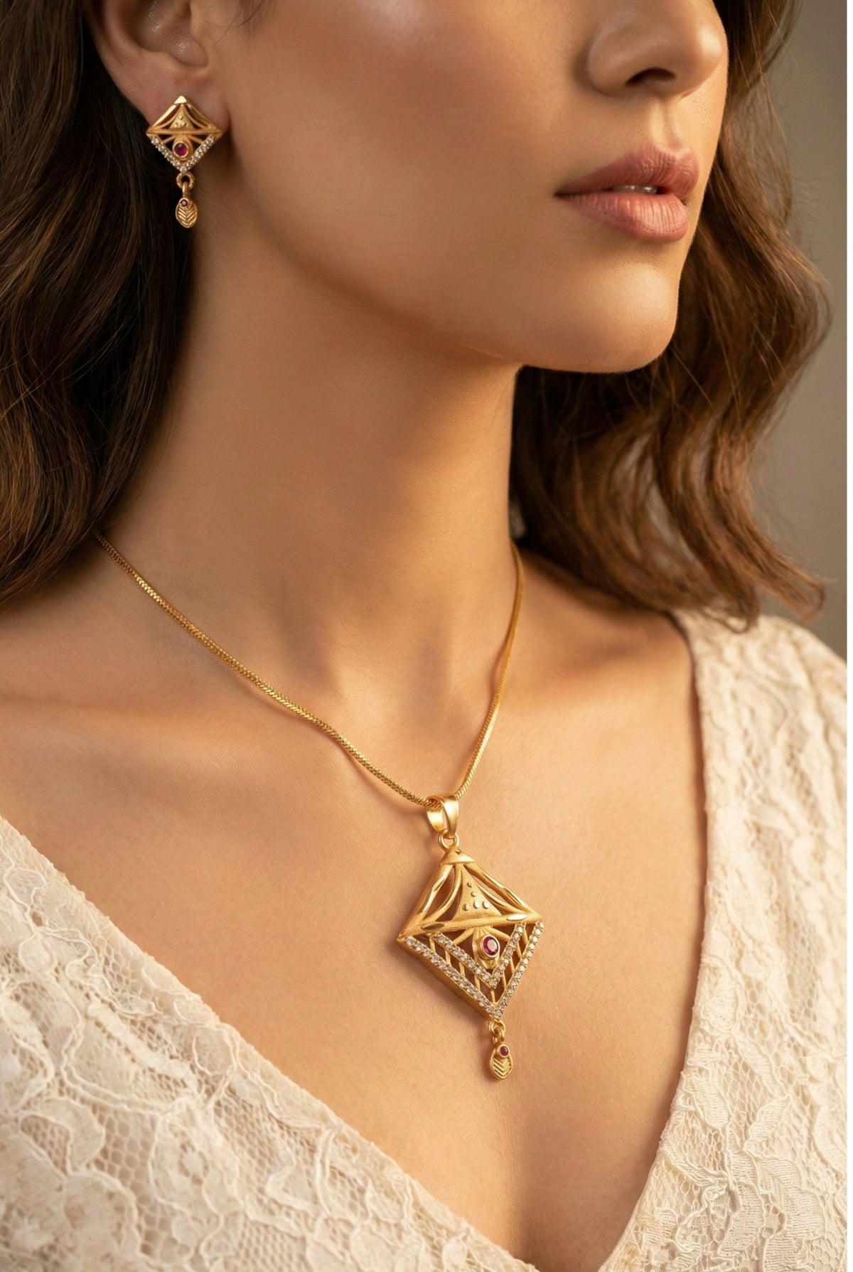 Gold Plated Stone Studded Pendant Necklace with Pink Center Accent for Women, Lightweight Party Jewellery for Festive, Wedding, Evening and Daily Styling with Premium Finish Chain-02