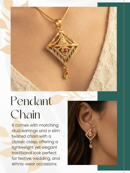 Gold Plated Stone Studded Pendant Necklace with Pink Center Accent for Women, Lightweight Party Jewellery for Festive, Wedding, Evening and Daily Styling with Premium Finish Chain-02