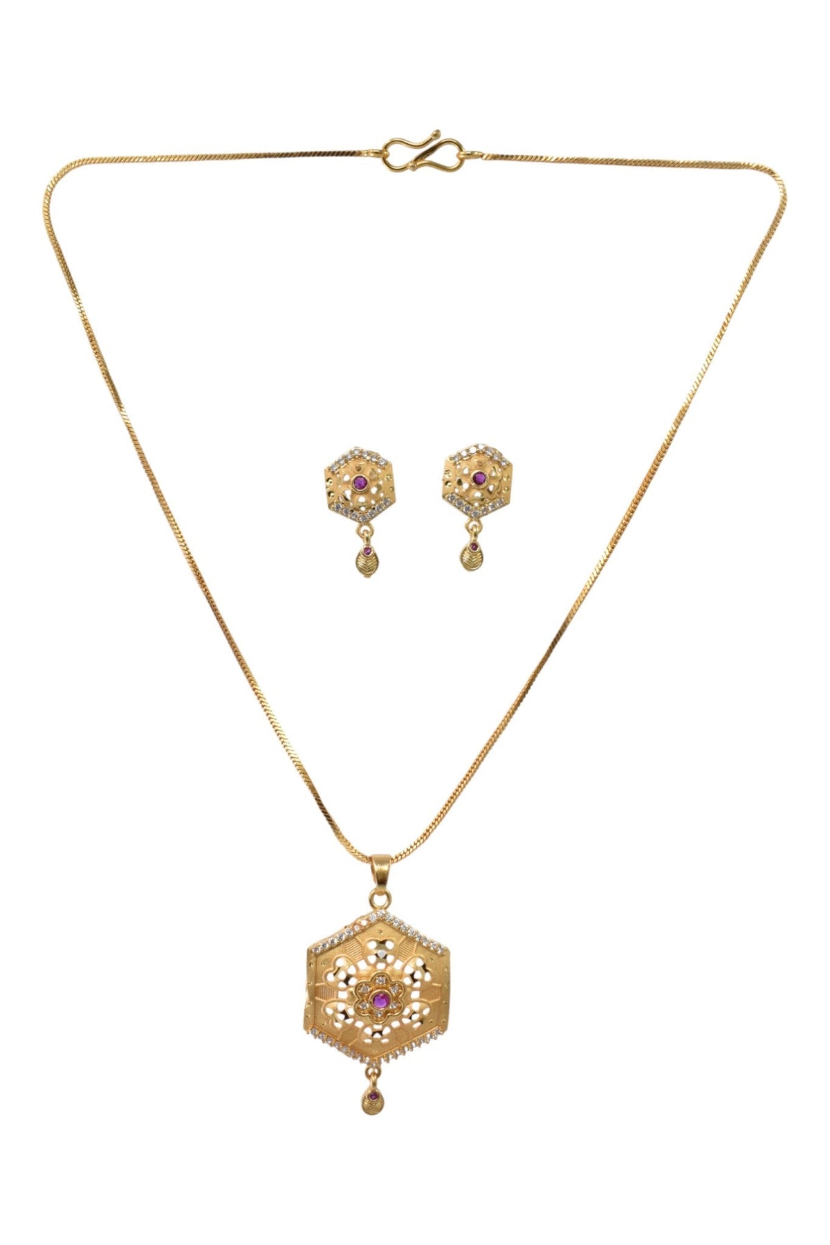 Gold Plated Stone Studded Pendant Necklace with Pink Center Accent for Women, Lightweight Party Jewellery for Festive, Wedding, Evening and Daily Styling with Premium Finish Chain-05
