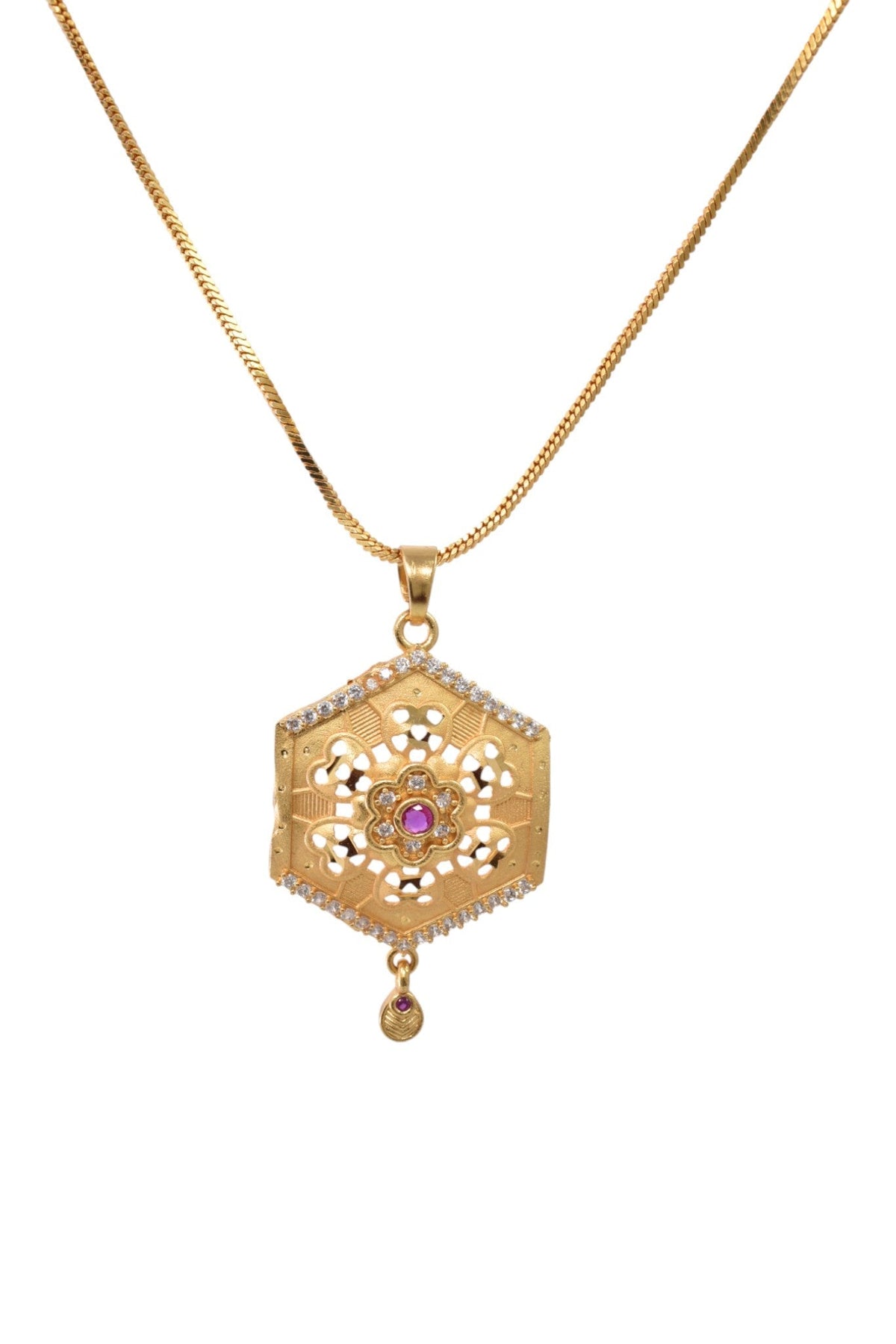 Gold Plated Stone Studded Pendant Necklace with Pink Center Accent for Women, Lightweight Party Jewellery for Festive, Wedding, Evening and Daily Styling with Premium Finish Chain-05