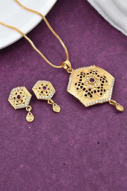 Gold Plated Stone Studded Pendant Necklace with Pink Center Accent for Women, Lightweight Party Jewellery for Festive, Wedding, Evening and Daily Styling with Premium Finish Chain-05