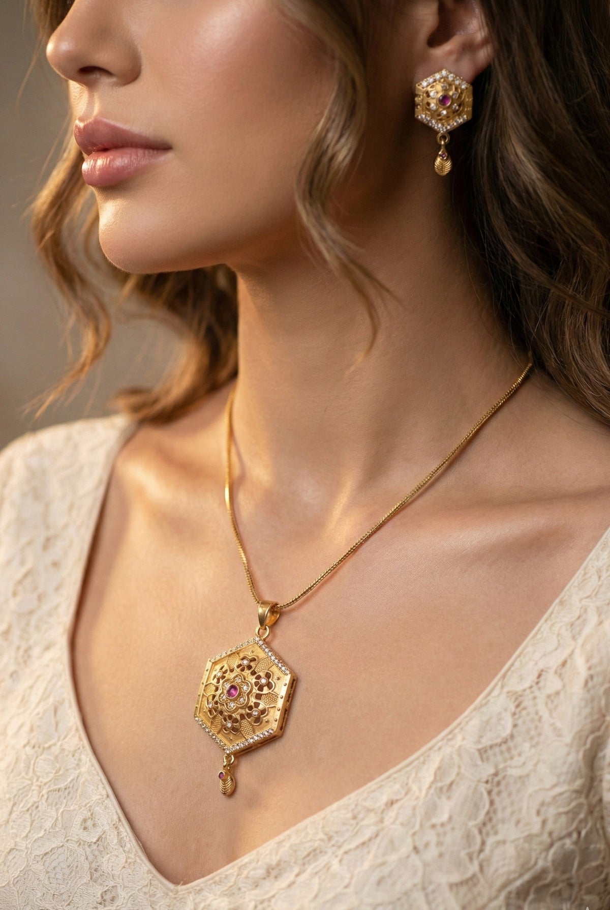 Gold Plated Stone Studded Pendant Necklace with Pink Center Accent for Women, Lightweight Party Jewellery for Festive, Wedding, Evening and Daily Styling with Premium Finish Chain-05