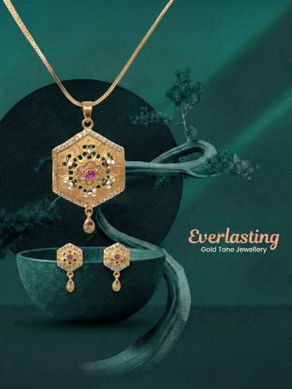 Gold Plated Stone Studded Pendant Necklace with Pink Center Accent for Women, Lightweight Party Jewellery for Festive, Wedding, Evening and Daily Styling with Premium Finish Chain-05