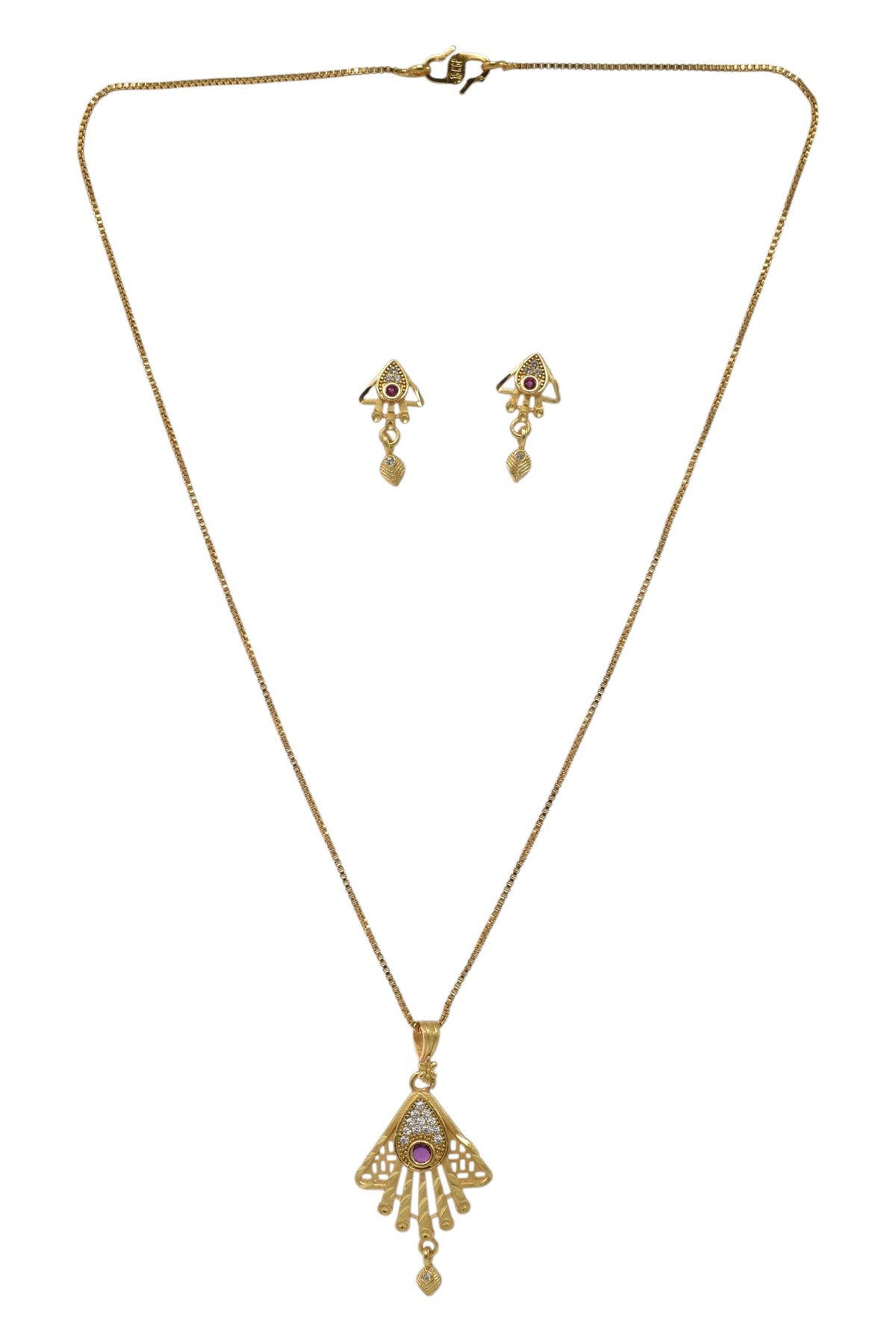 Gold Plated Stone Studded Pendant Necklace with Pink Center Accent for Women, Lightweight Party Jewellery for Festive, Wedding, Evening and Daily Styling with Premium Finish Chain-06