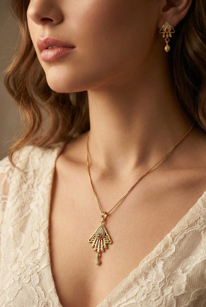 Gold Plated Stone Studded Pendant Necklace with Pink Center Accent for Women, Lightweight Party Jewellery for Festive, Wedding, Evening and Daily Styling with Premium Finish Chain-06