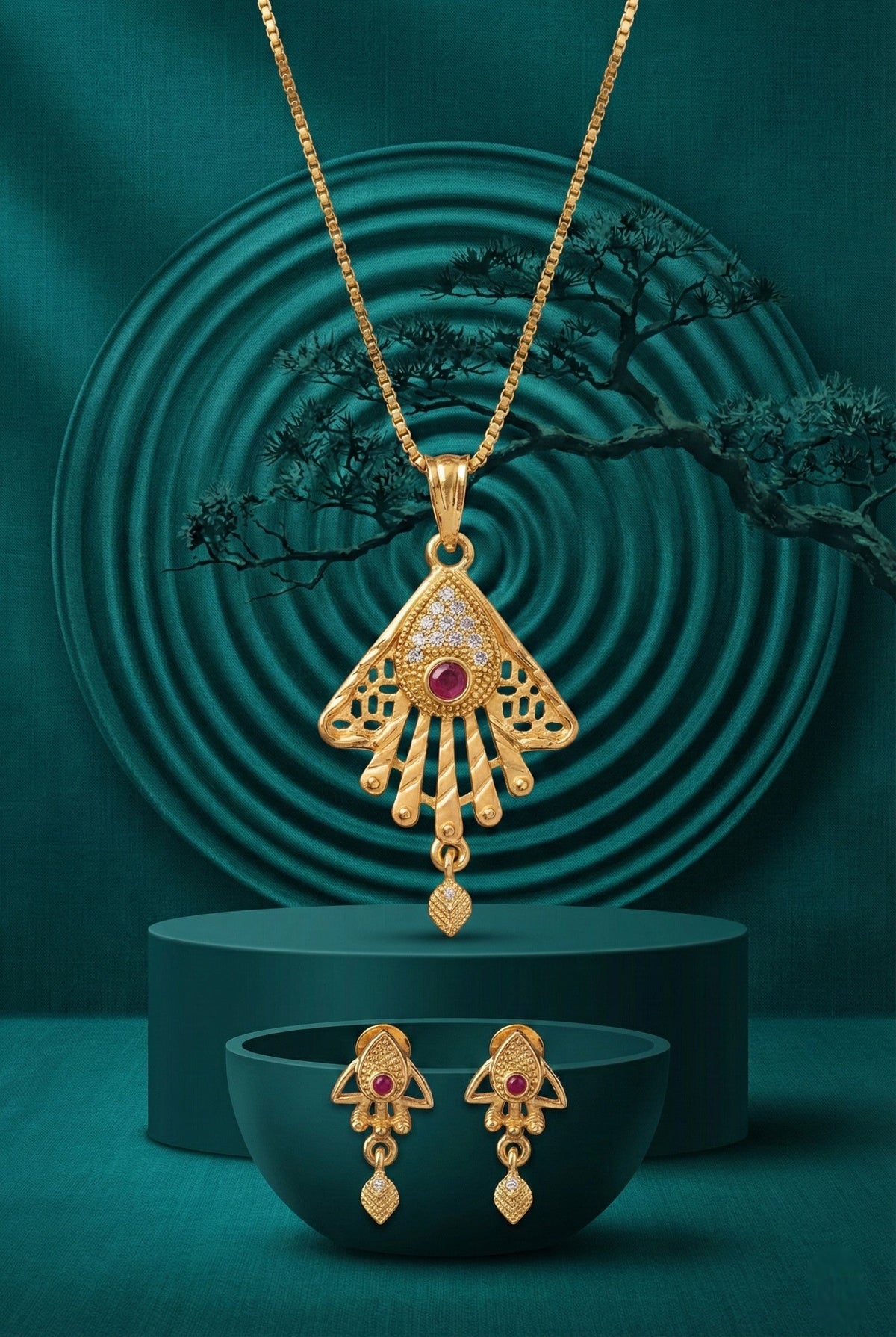 Gold Plated Stone Studded Pendant Necklace with Pink Center Accent for Women, Lightweight Party Jewellery for Festive, Wedding, Evening and Daily Styling with Premium Finish Chain-06