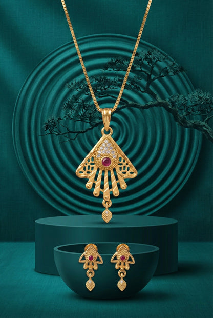 Gold Plated Stone Studded Pendant Necklace with Pink Center Accent for Women, Lightweight Party Jewellery for Festive, Wedding, Evening and Daily Styling with Premium Finish Chain-06