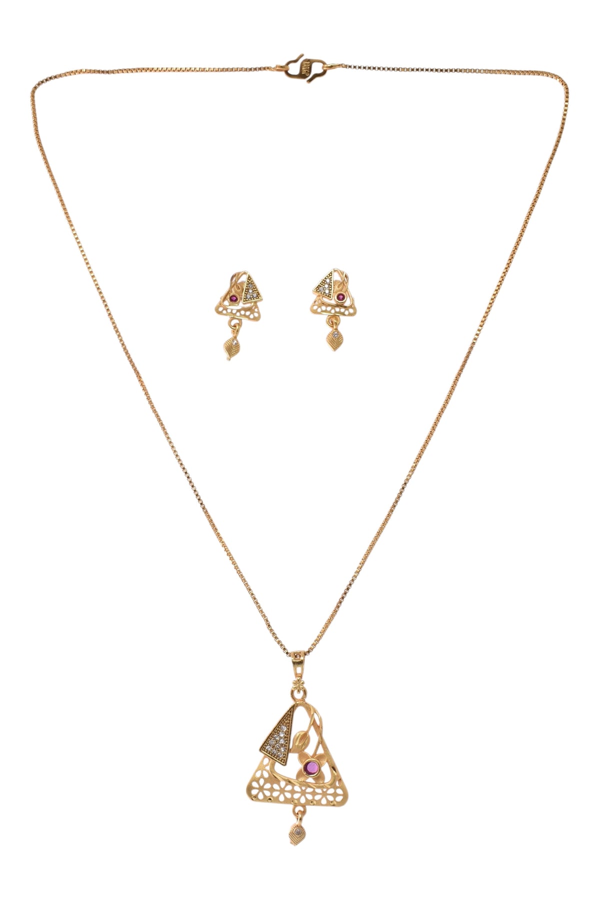 Gold Plated Stone Studded Pendant Necklace with Pink Center Accent for Women, Lightweight Party Jewellery for Festive, Wedding, Evening and Daily Styling with Premium Finish Chain-07