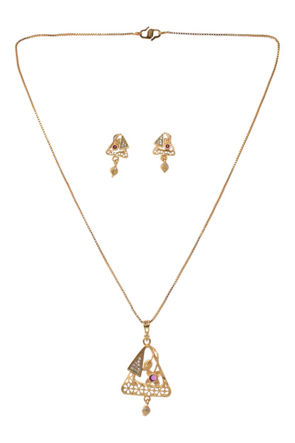 Gold Plated Stone Studded Pendant Necklace with Pink Center Accent for Women, Lightweight Party Jewellery for Festive, Wedding, Evening and Daily Styling with Premium Finish Chain-07