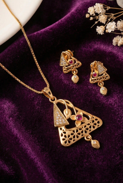 Gold Plated Stone Studded Pendant Necklace with Pink Center Accent for Women, Lightweight Party Jewellery for Festive, Wedding, Evening and Daily Styling with Premium Finish Chain-07