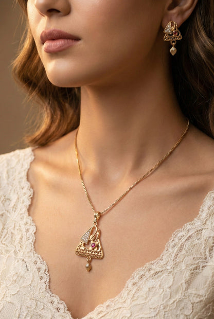 Gold Plated Stone Studded Pendant Necklace with Pink Center Accent for Women, Lightweight Party Jewellery for Festive, Wedding, Evening and Daily Styling with Premium Finish Chain-07