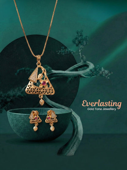 Gold Plated Stone Studded Pendant Necklace with Pink Center Accent for Women, Lightweight Party Jewellery for Festive, Wedding, Evening and Daily Styling with Premium Finish Chain-07