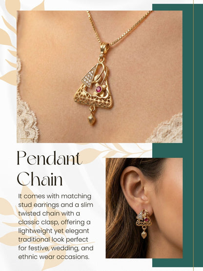 Gold Plated Stone Studded Pendant Necklace with Pink Center Accent for Women, Lightweight Party Jewellery for Festive, Wedding, Evening and Daily Styling with Premium Finish Chain-07