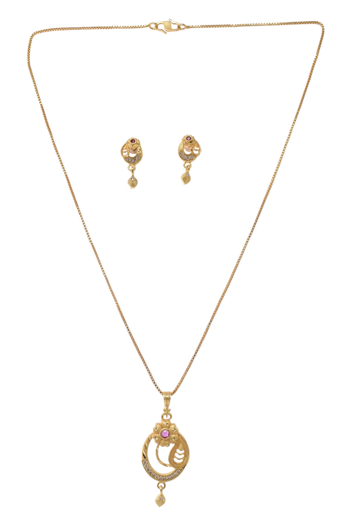 Gold Plated Stone Studded Pendant Necklace with Pink Center Accent for Women, Lightweight Party Jewellery for Festive, Wedding, Evening and Daily Styling with Premium Finish Chain-02