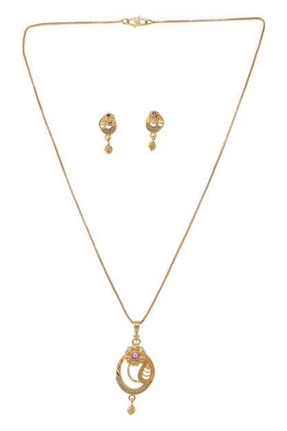 Gold Plated Stone Studded Pendant Necklace with Pink Center Accent for Women, Lightweight Party Jewellery for Festive, Wedding, Evening and Daily Styling with Premium Finish Chain-02