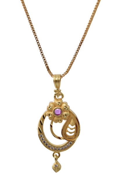 Gold Plated Stone Studded Pendant Necklace with Pink Center Accent for Women, Lightweight Party Jewellery for Festive, Wedding, Evening and Daily Styling with Premium Finish Chain-02