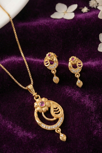 Gold Plated Stone Studded Pendant Necklace with Pink Center Accent for Women, Lightweight Party Jewellery for Festive, Wedding, Evening and Daily Styling with Premium Finish Chain-02